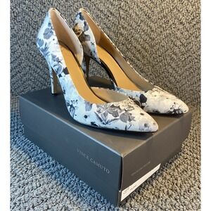 Vince Camuto White Grey Black Flowers Fabric Point Toe Heels size 10M / 40